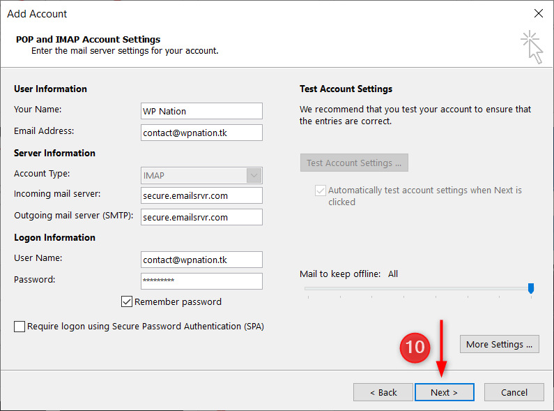 Microsoft Outlook setup - step 10