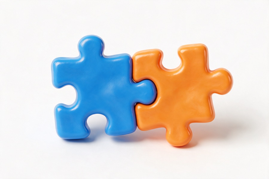 Two glossy 3D puzzle pieces fitting together