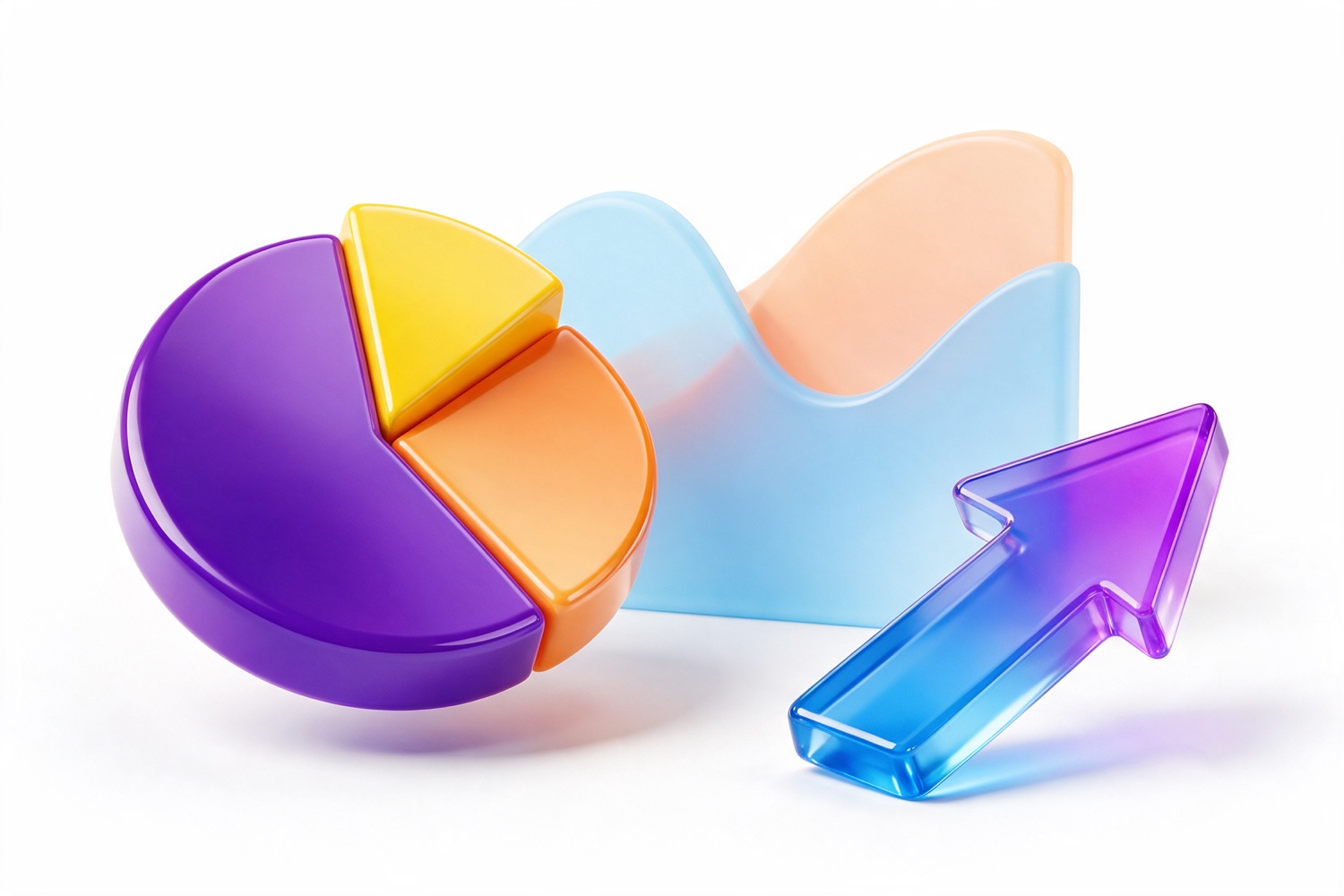 Glossy 3D pie chart, area chart and an upward arrow