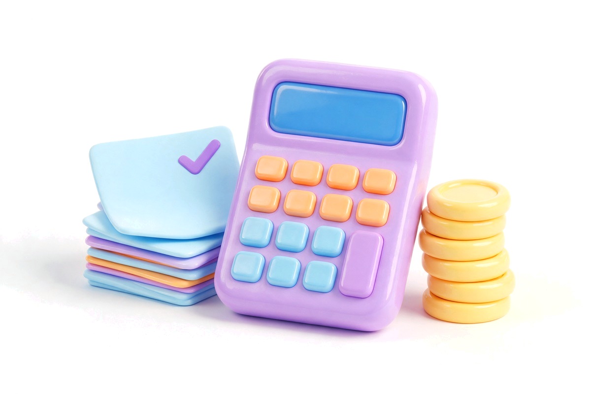 A purple calculator beside a stack of checked documents and a stack of gold coins