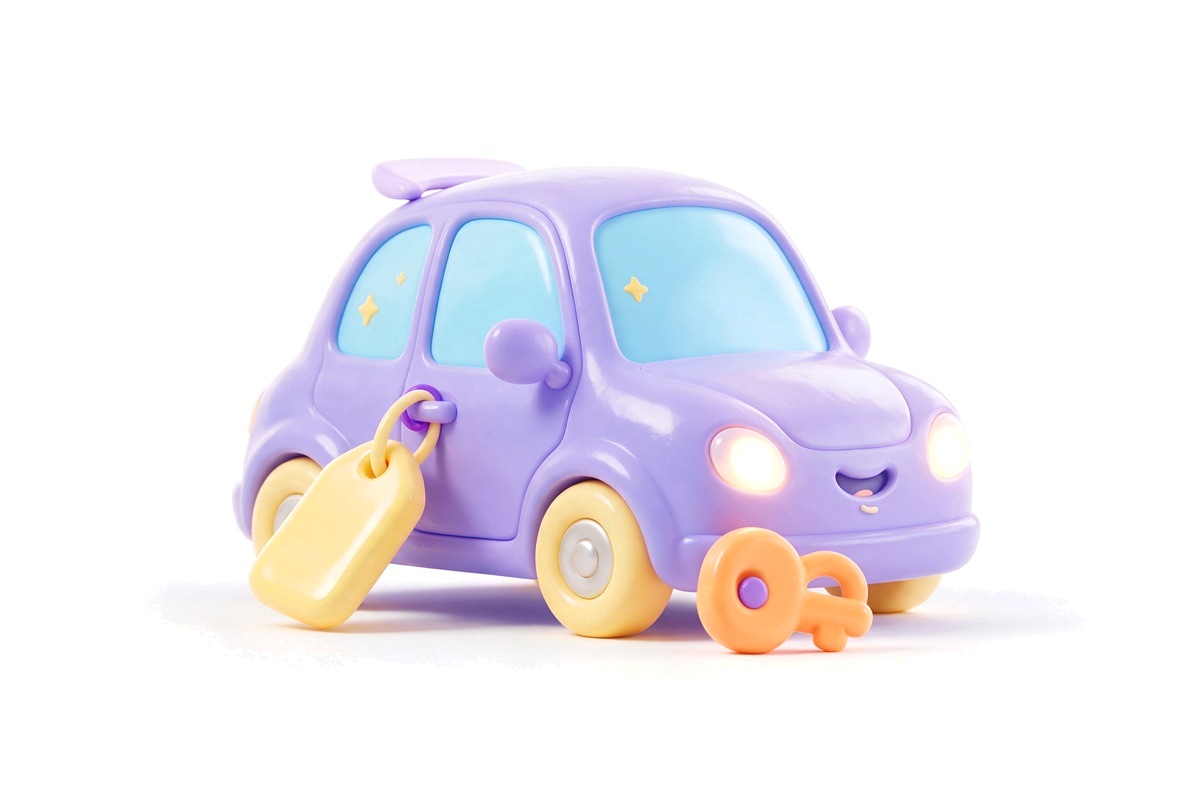 A small purple car with a price tag and a key