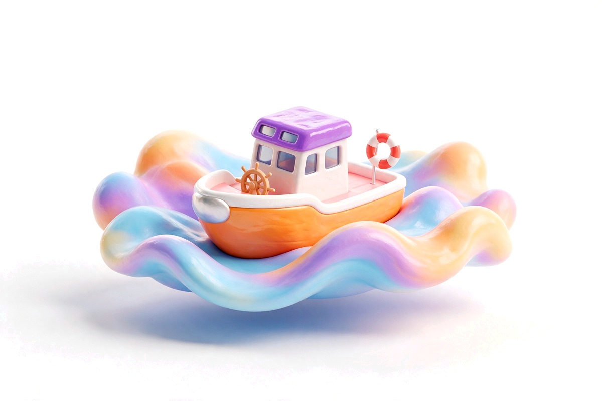 A small boat with a lifebuoy and a steering wheel riding colourful waves