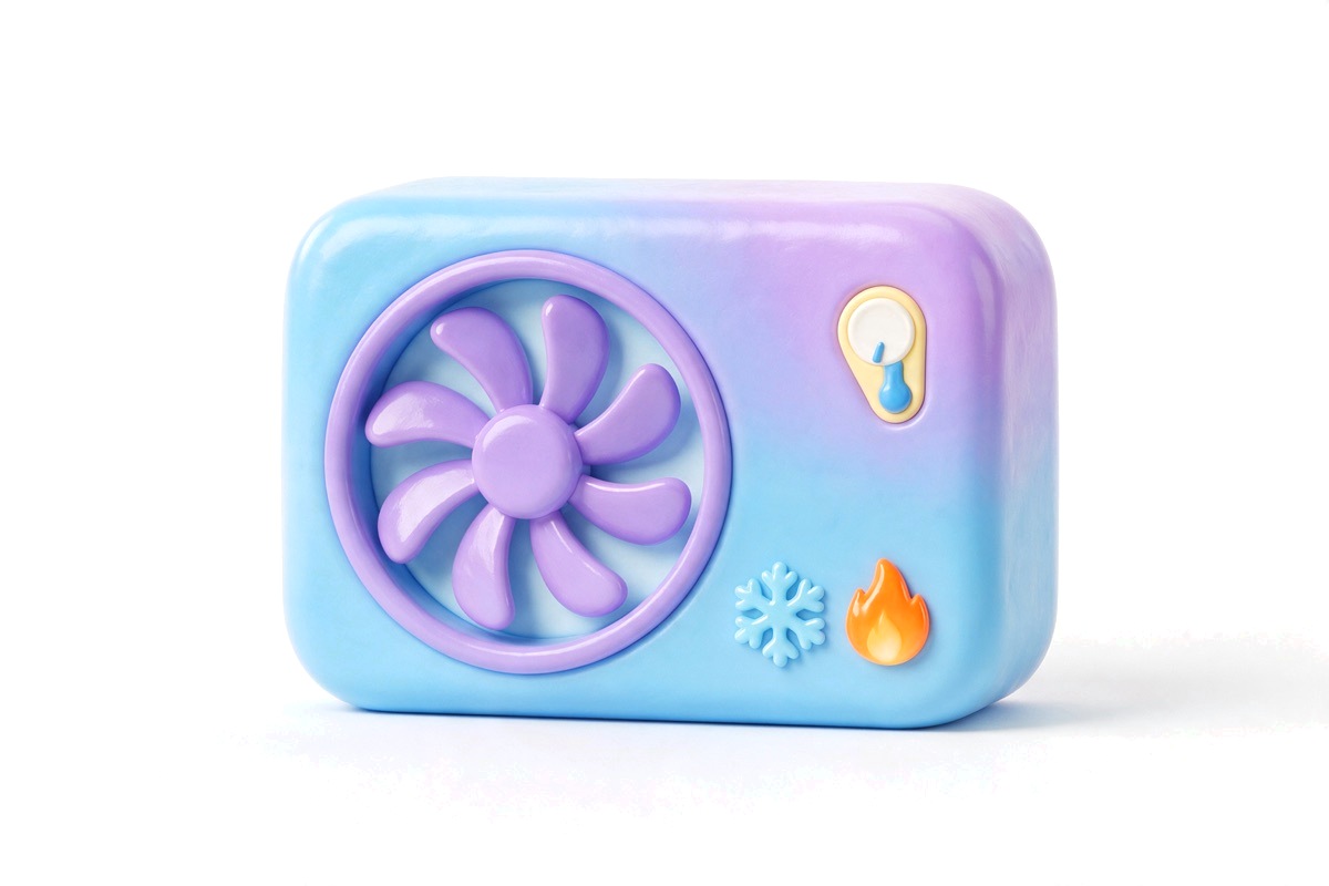 An air conditioning unit with a fan, a thermometer, a snowflake and a flame