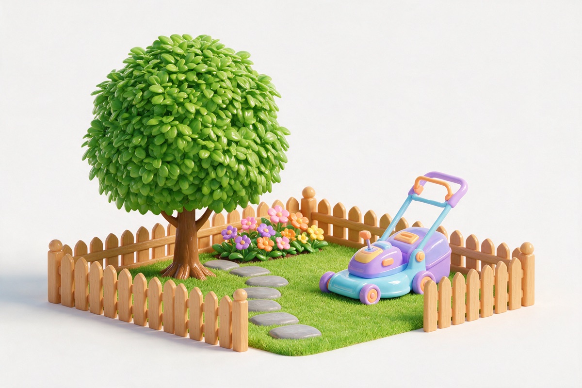 A garden with a round tree, a flower bed, a fence and a lawn mower