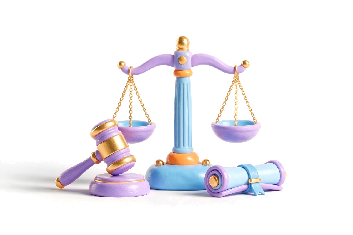 Scales of justice with a gavel and a rolled document