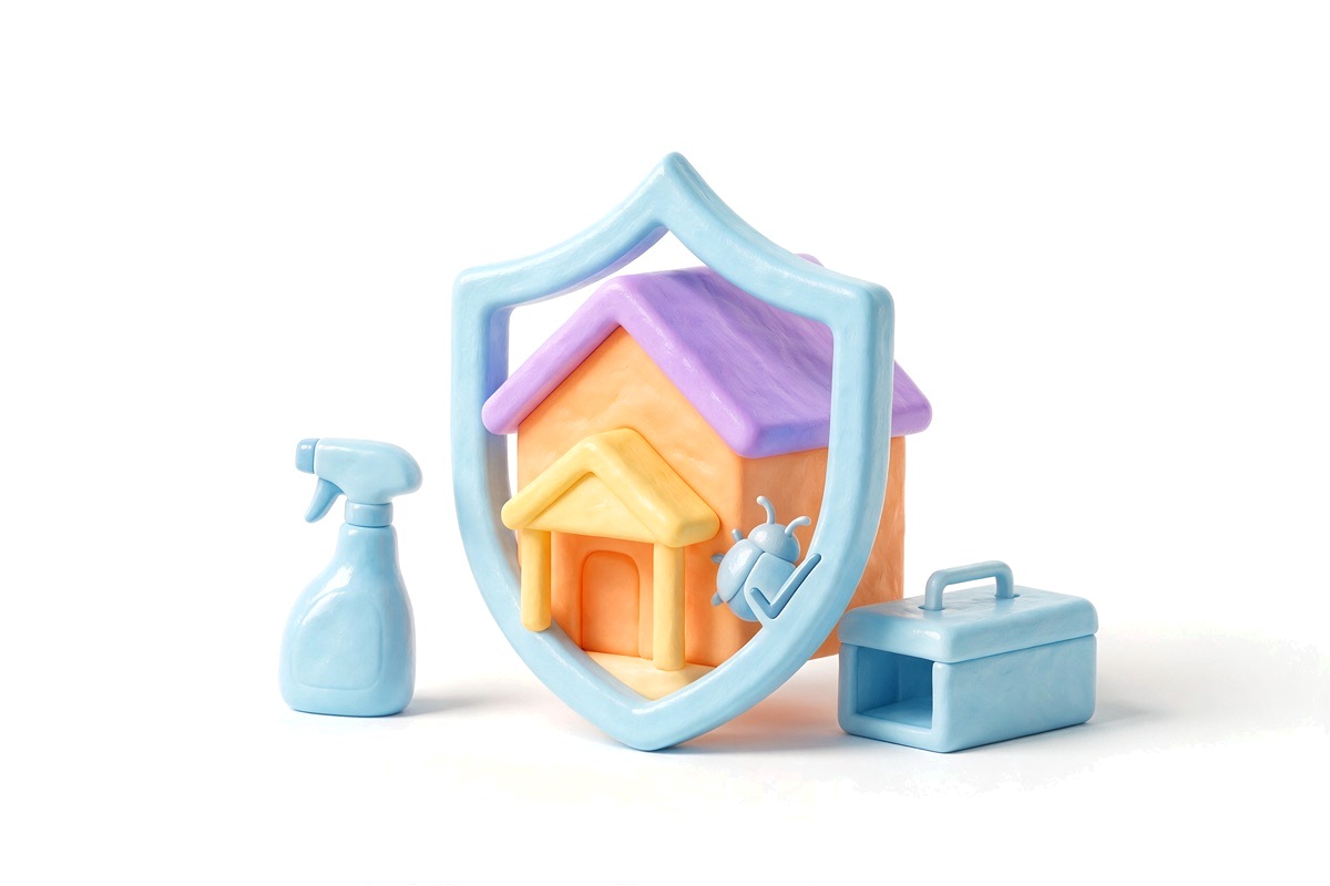 A house inside a protective shield beside a spray bottle and a humane trap