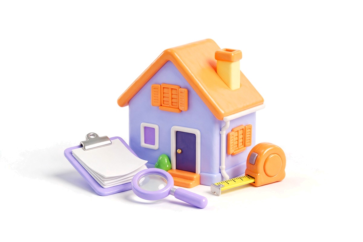 A house with a clipboard, a magnifying glass and a measuring tape