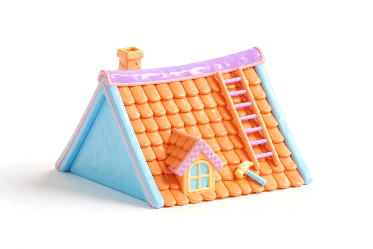 A tiled roof with a ladder and a hammer