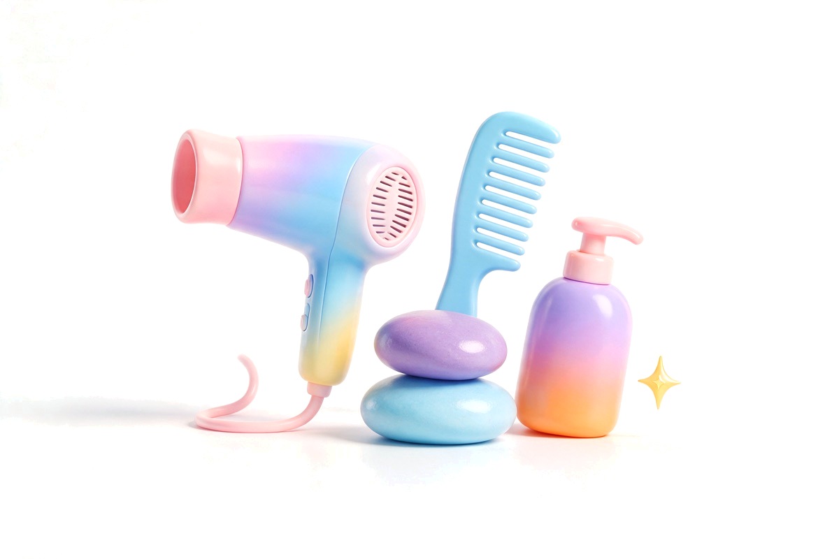 A hair dryer, a comb, spa stones and a lotion bottle