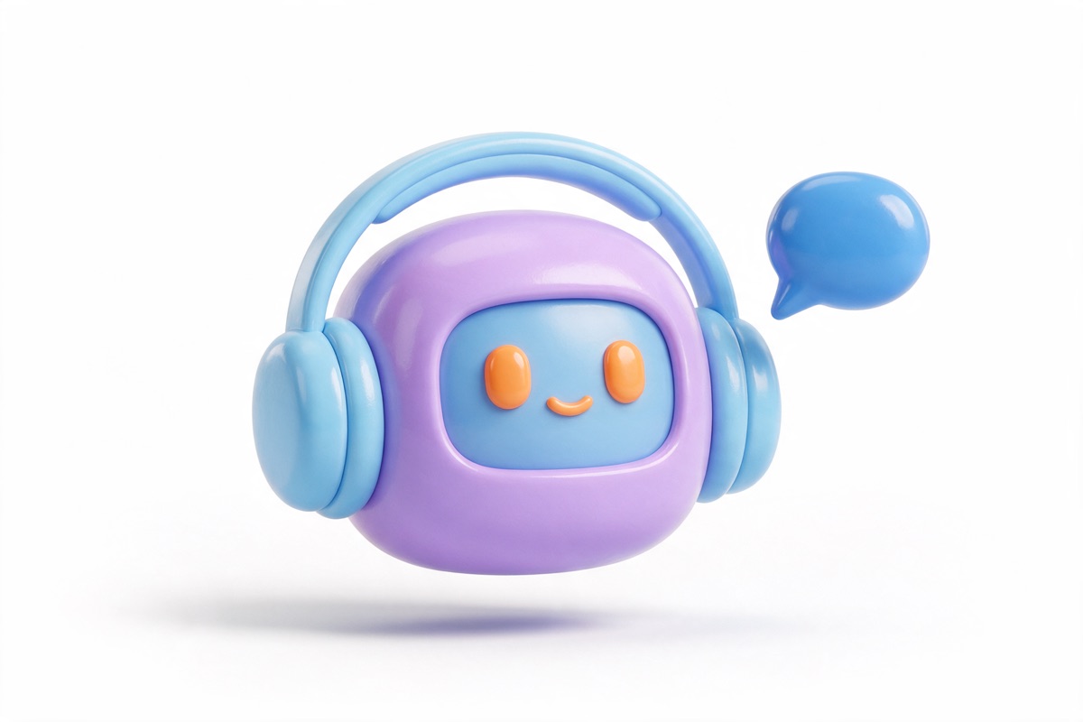 A friendly purple robot assistant wearing a headset, with a speech bubble