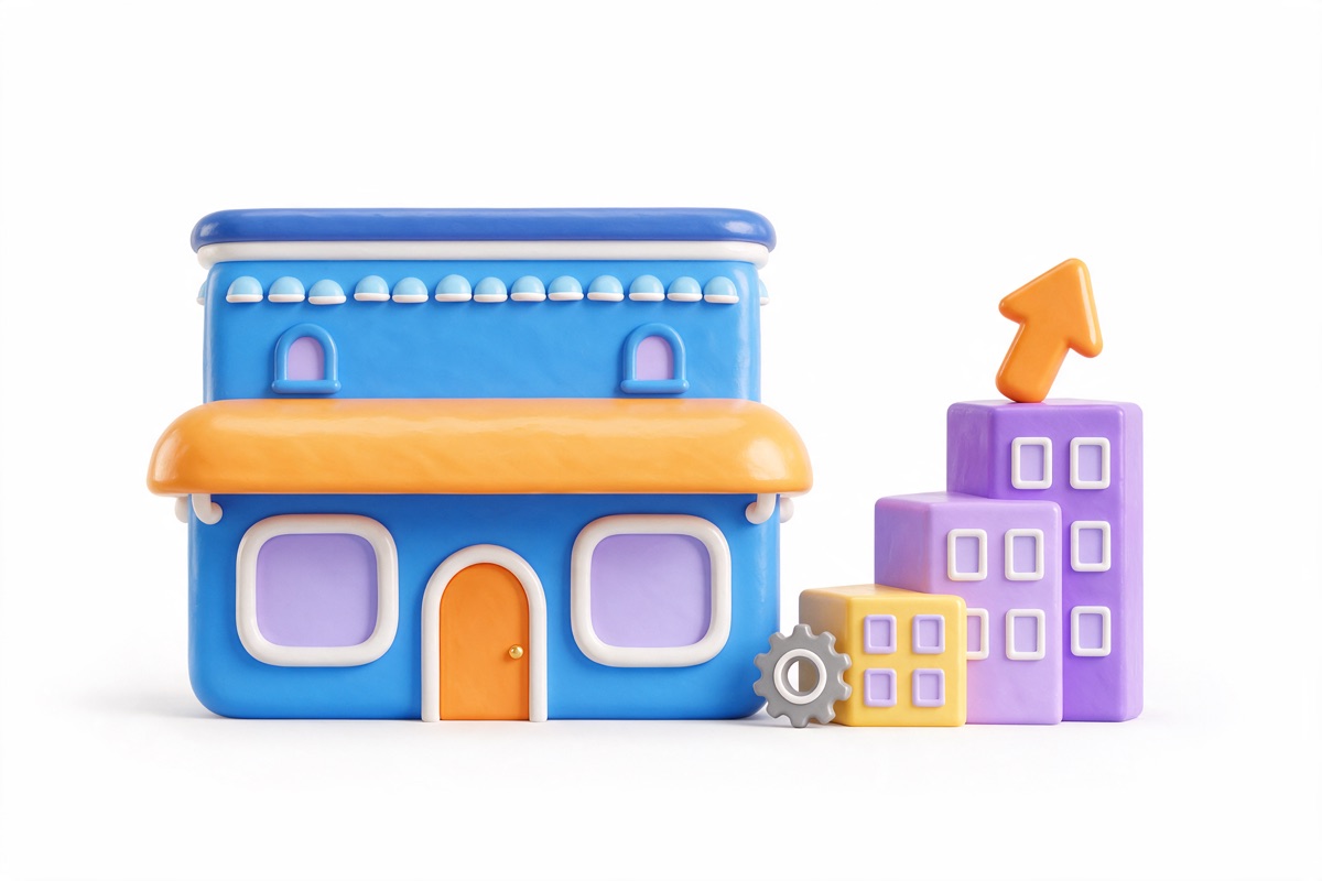 A blue shop front with an orange awning beside a staircase of building blocks and a rising arrow