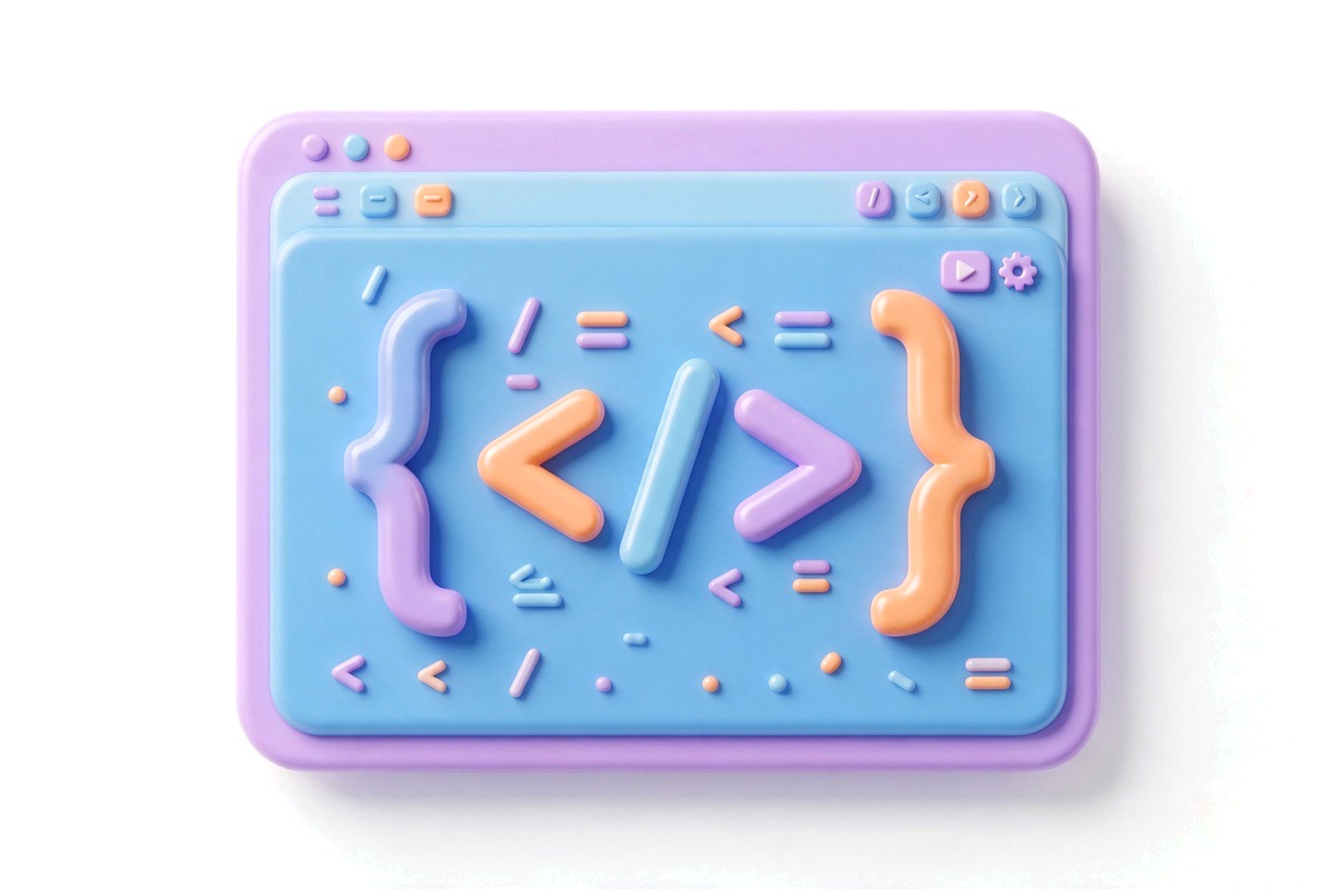 A code window showing angle brackets and curly braces