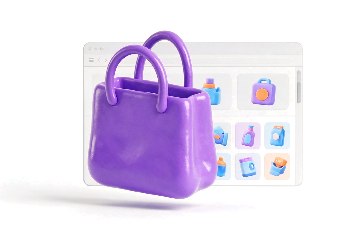 A purple shopping bag in front of a product-grid web page