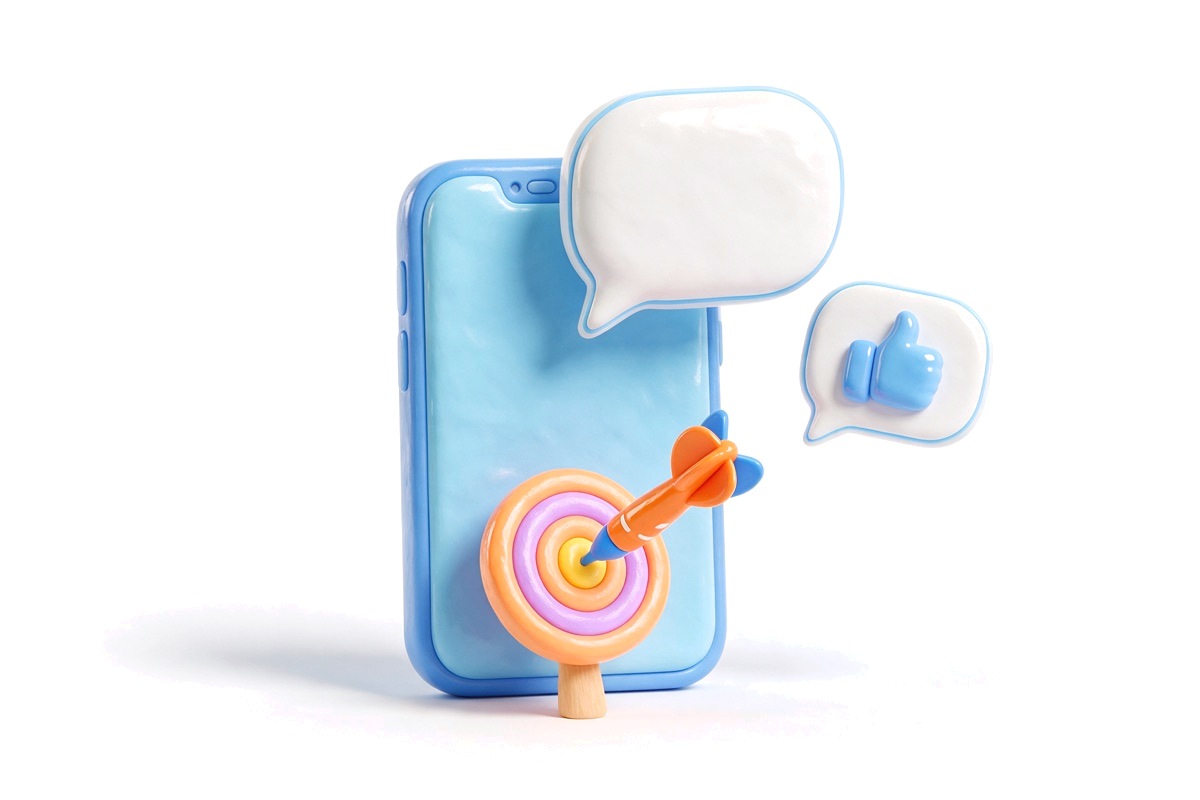 A phone with a chat bubble, a thumbs-up and a target with a dart