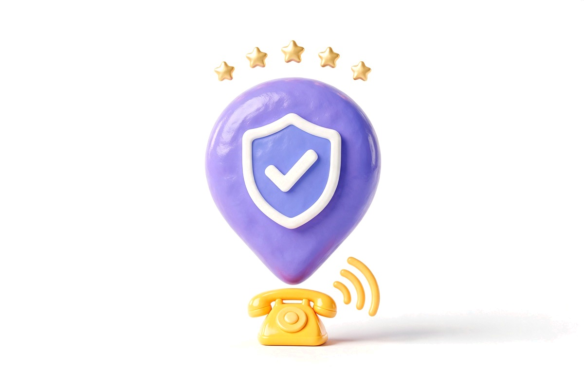 A map pin containing a shield with a tick, five stars above it and a telephone below