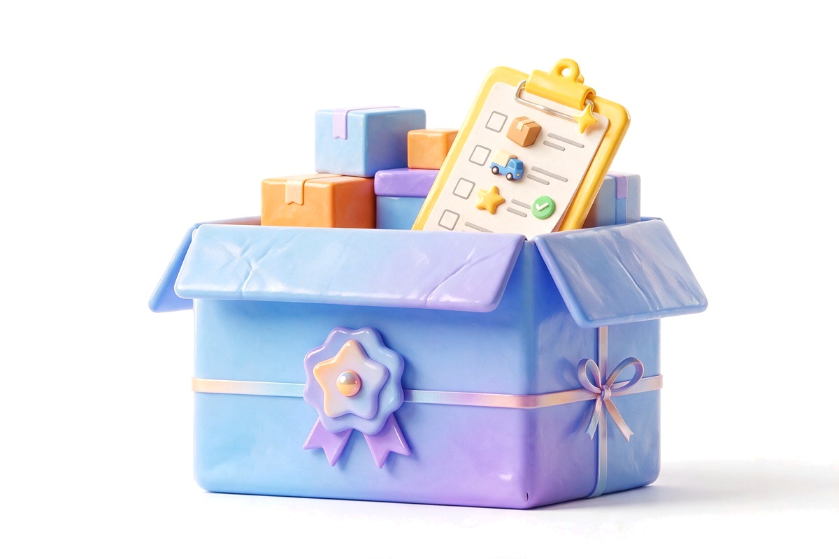 An open blue box of parcels with a checklist clipboard