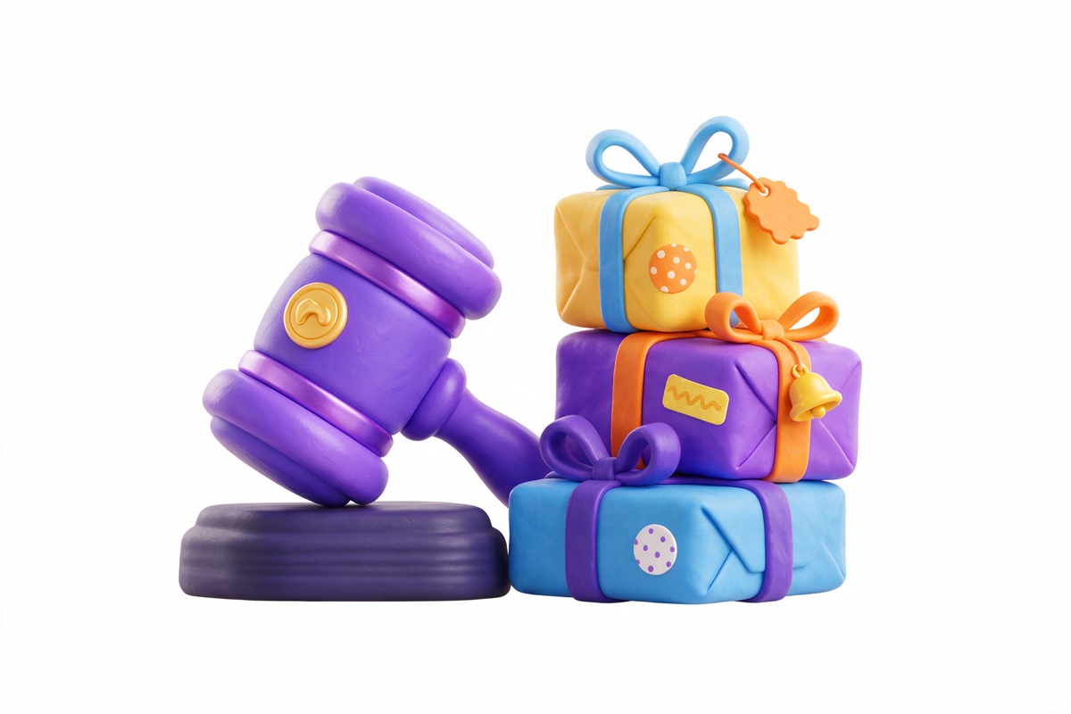 An auction gavel beside a stack of wrapped parcels