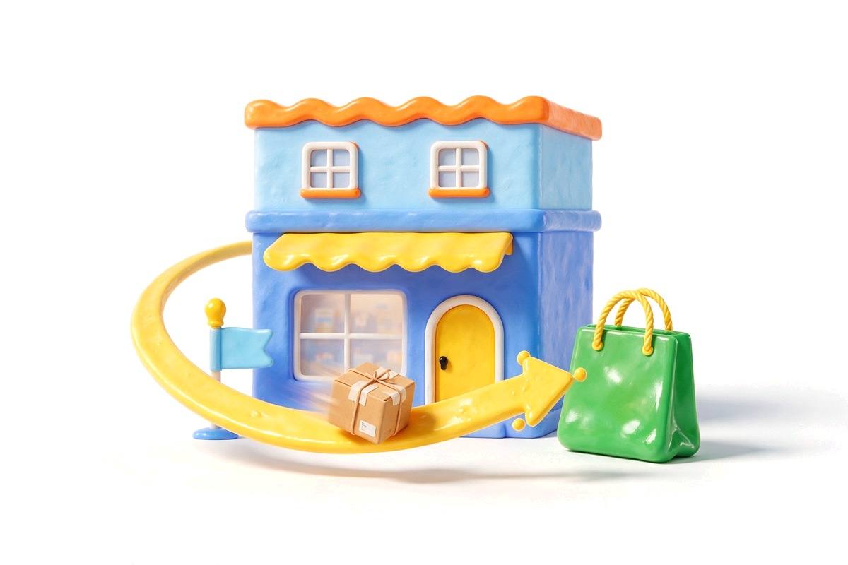 A blue shop front with a yellow arrow carrying a parcel towards a green shopping bag