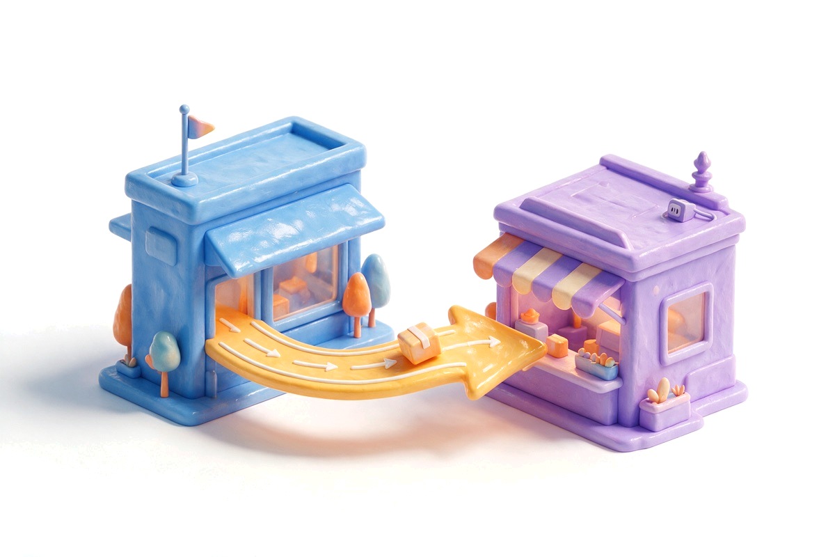 A blue shop with a yellow arrow carrying a parcel towards a purple shop