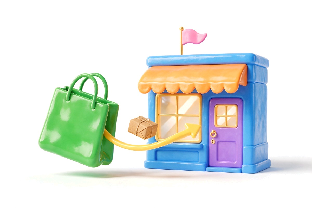 A green shopping bag with a yellow arrow carrying a parcel towards a blue shop front