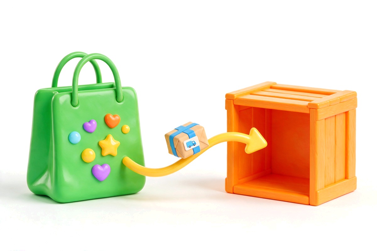 A green shopping bag with a yellow arrow carrying a parcel towards an orange crate