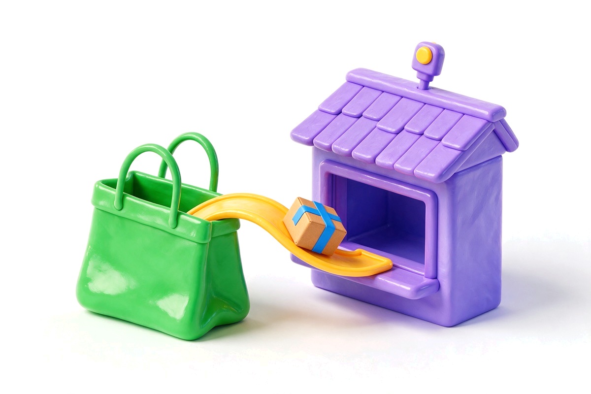 A green shopping bag with a yellow arrow carrying a parcel towards a purple shop