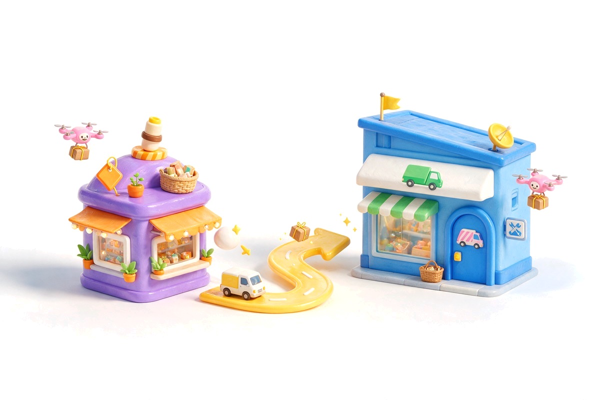 A purple shop with a yellow arrow carrying a parcel towards a blue shop