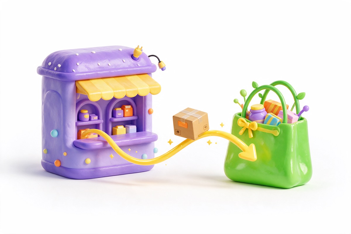 A purple market stall with a yellow arrow carrying a parcel towards a green shopping bag