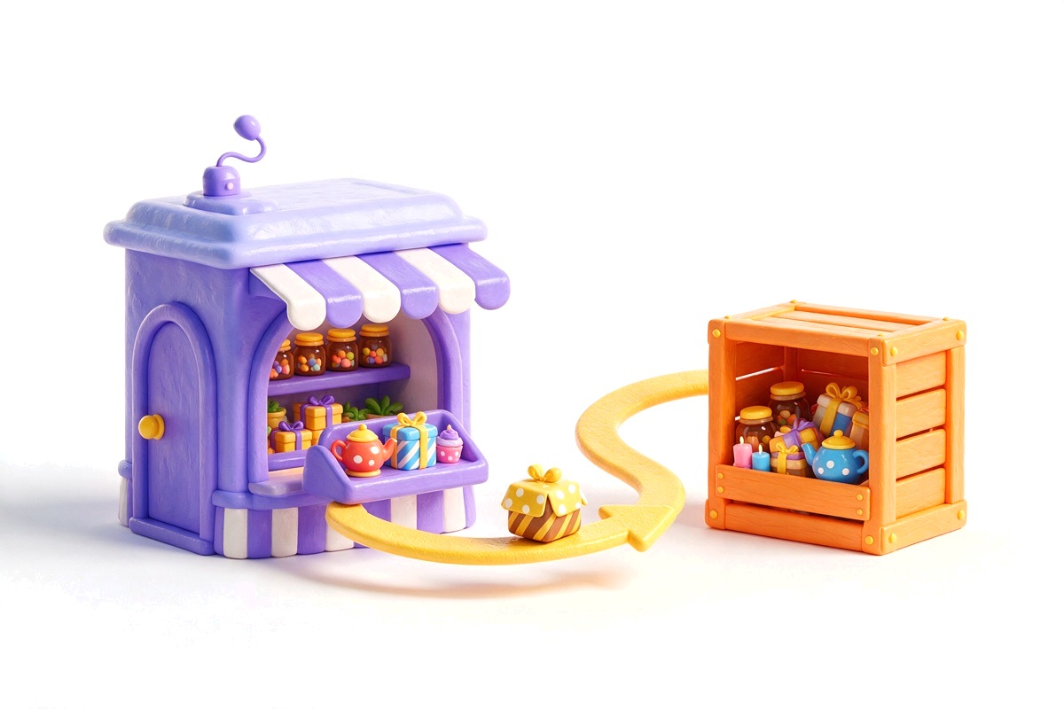 A purple market stall with a yellow arrow carrying a parcel towards an orange crate