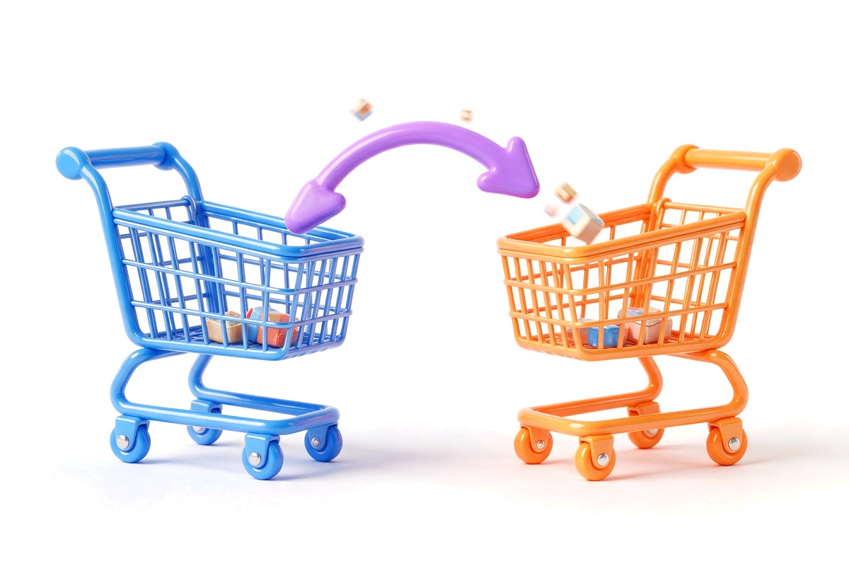 Two shopping carts with an arrow moving goods from one to the other
