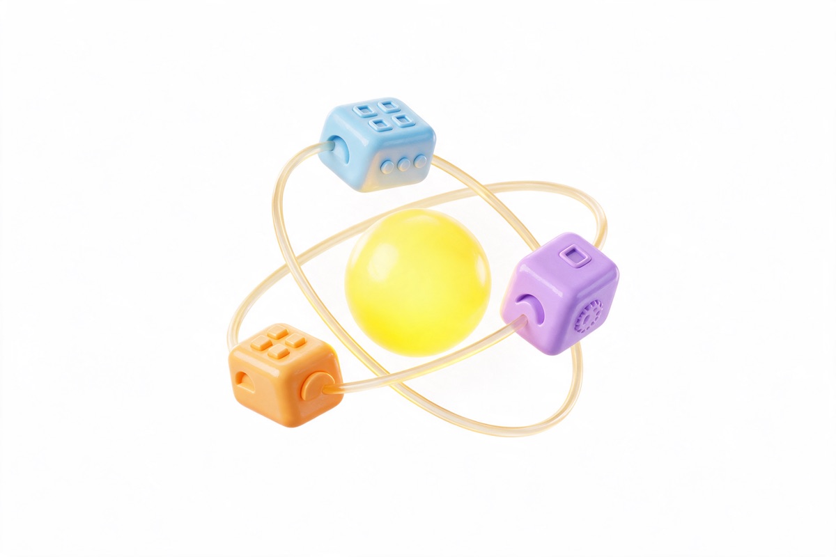 A glowing yellow sphere orbited by three small blocks