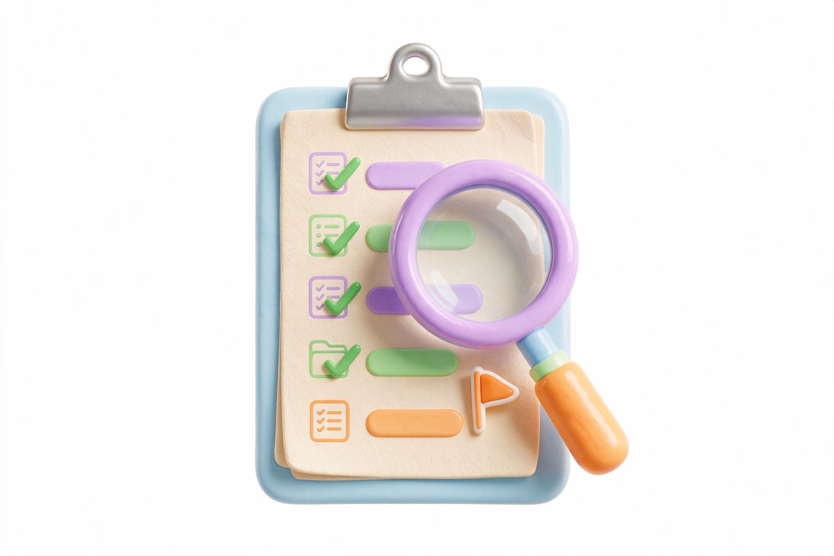 Glossy 3D clipboard checklist being examined with a magnifying glass