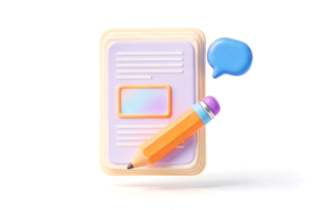 Glossy 3D page with a pencil writing on it and a speech bubble