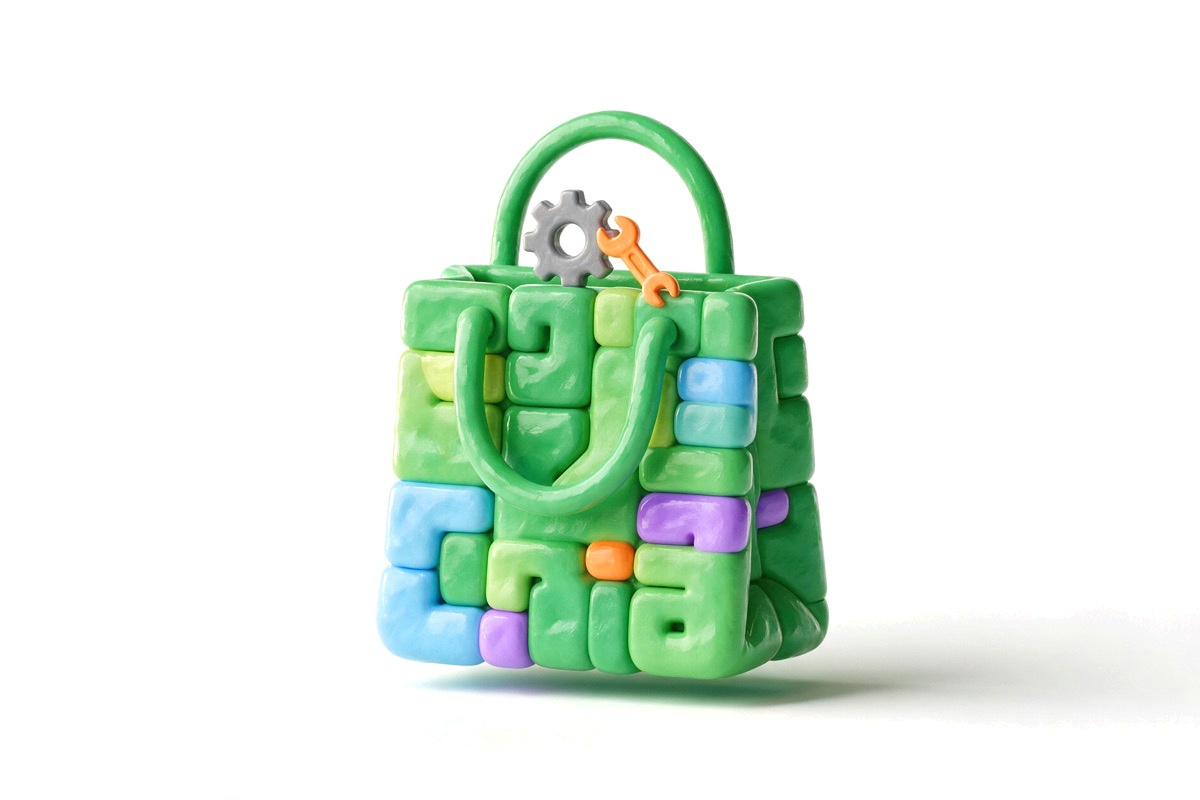 A green shopping bag built from code-like blocks with a gear