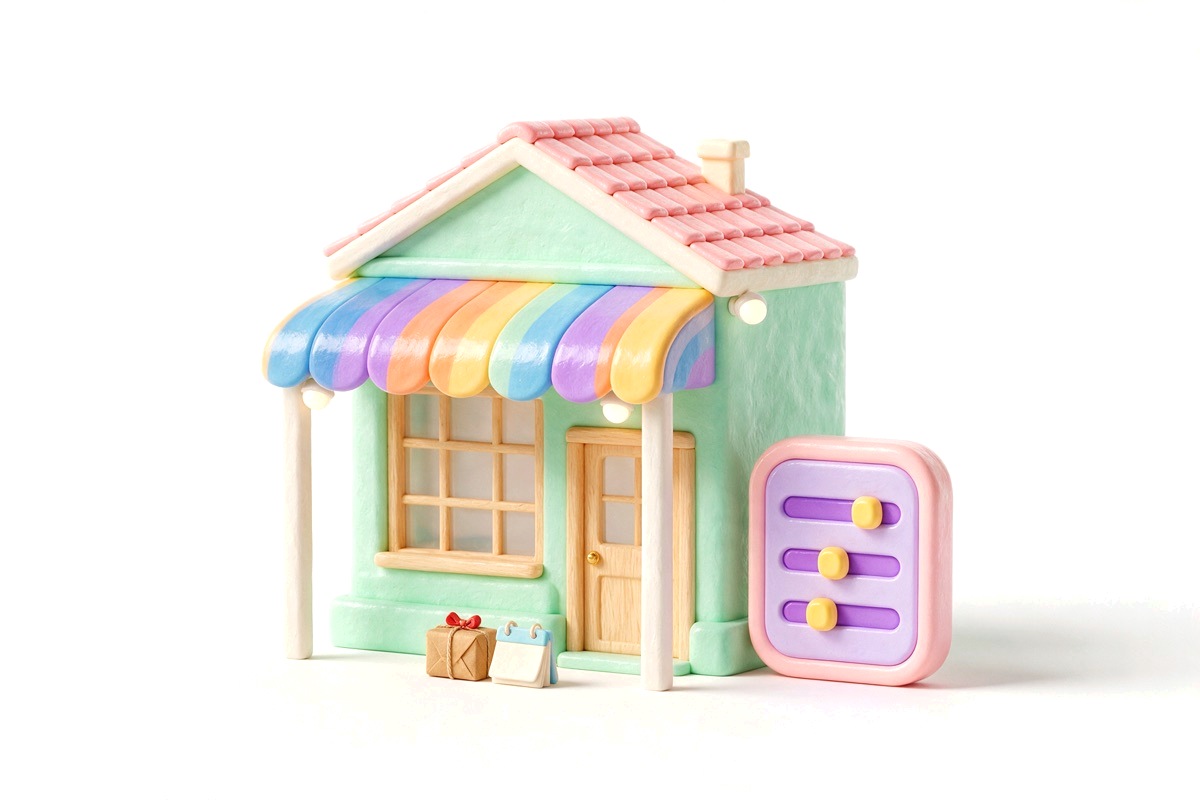 A pastel shop front with a striped awning beside a small control panel with sliders