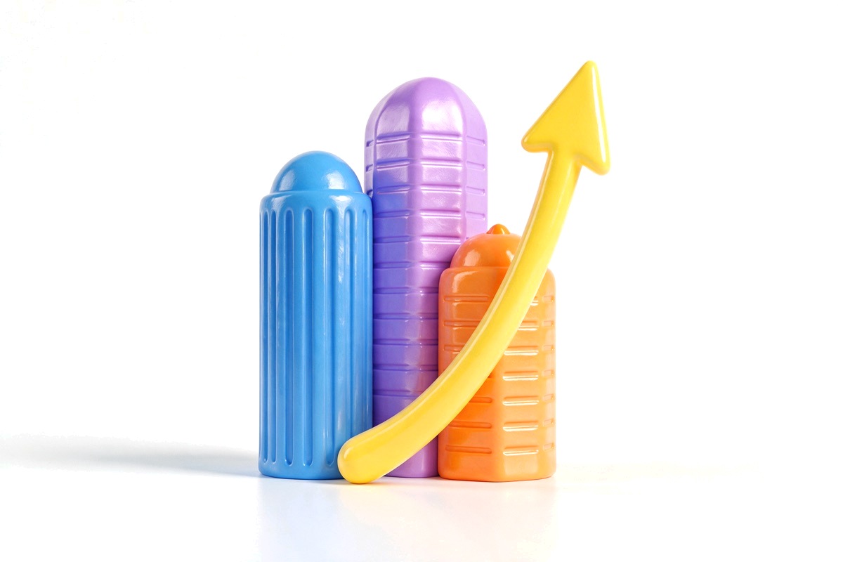 Three tall towers with a rising arrow