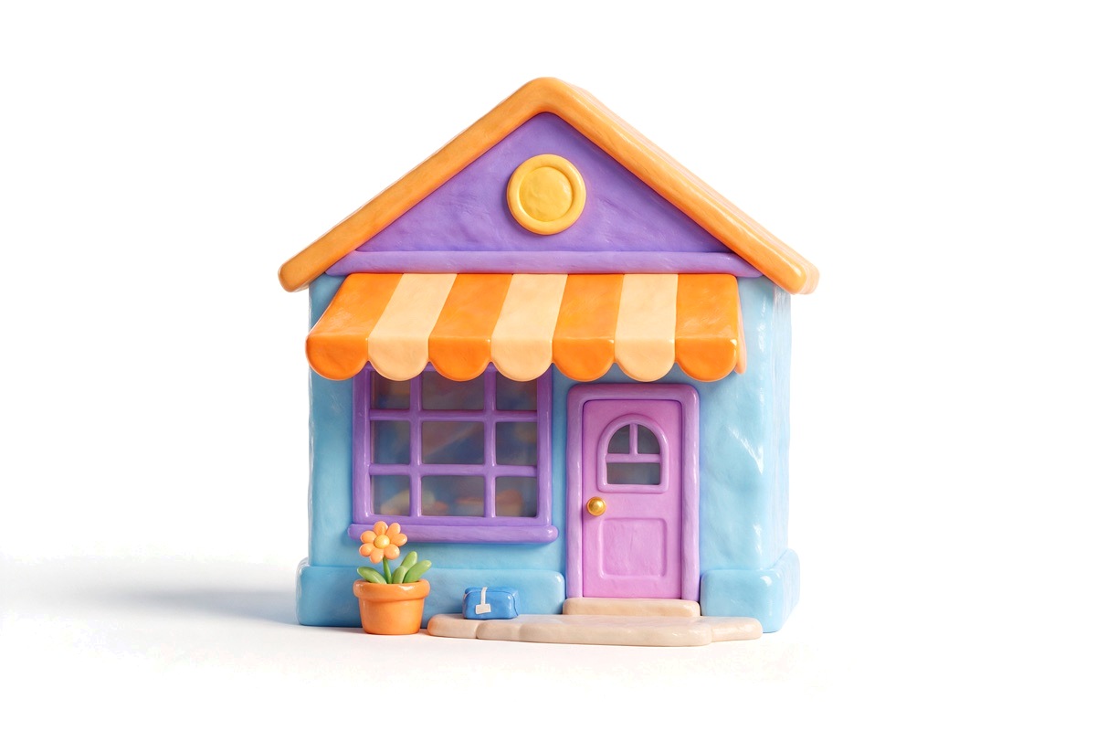 A small corner shop with a striped awning