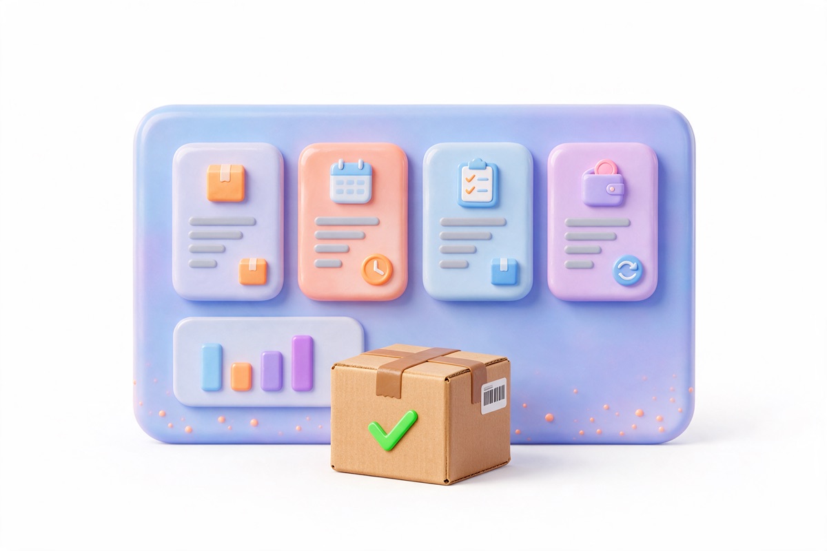 A dashboard of coloured task cards with a chart and a checked parcel