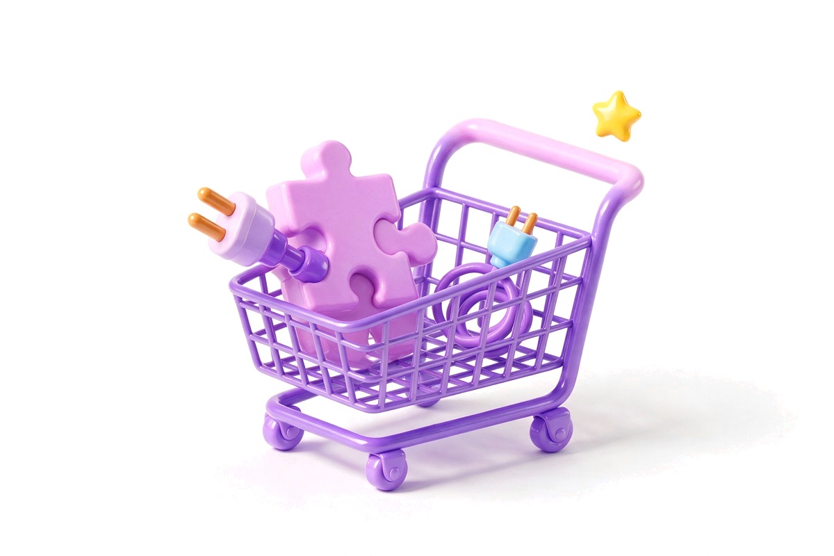 A purple shopping cart carrying a puzzle-piece plug-in and a star