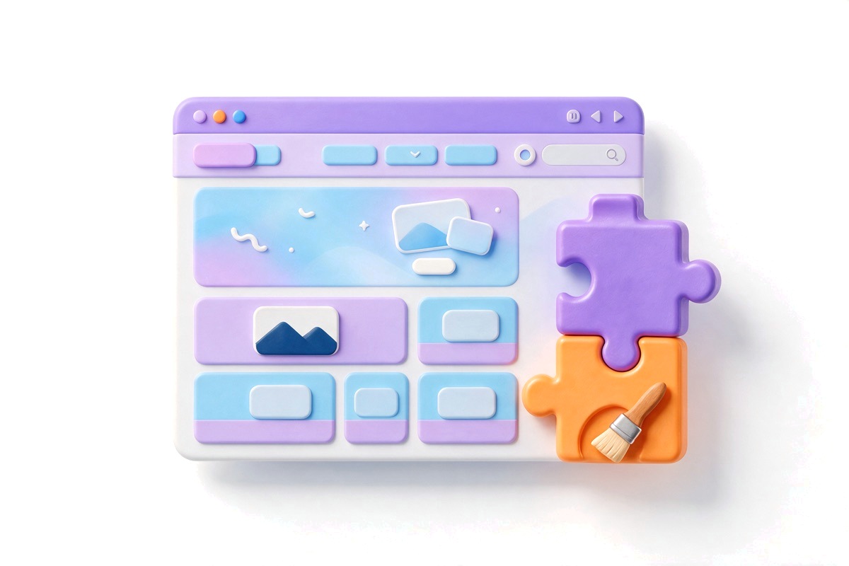 A website page layout with a puzzle piece and a paintbrush