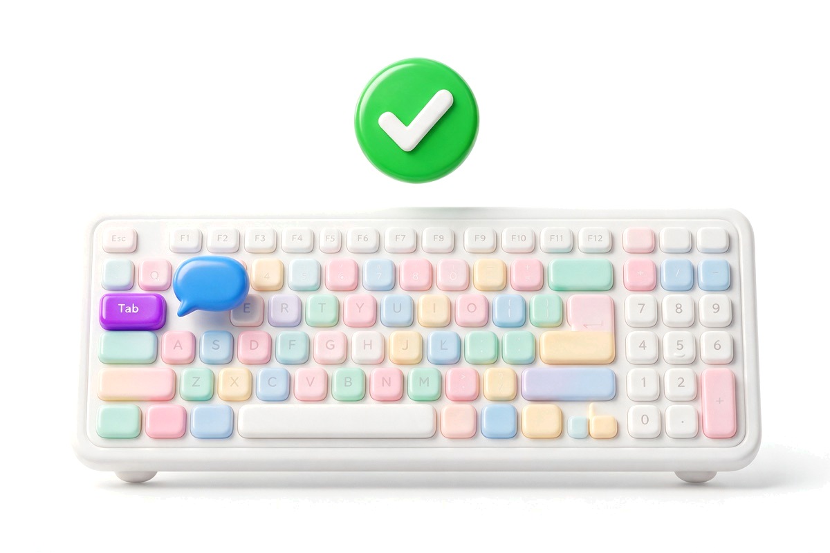 Glossy 3D keyboard with a tab key highlighted, a tick and a speech bubble