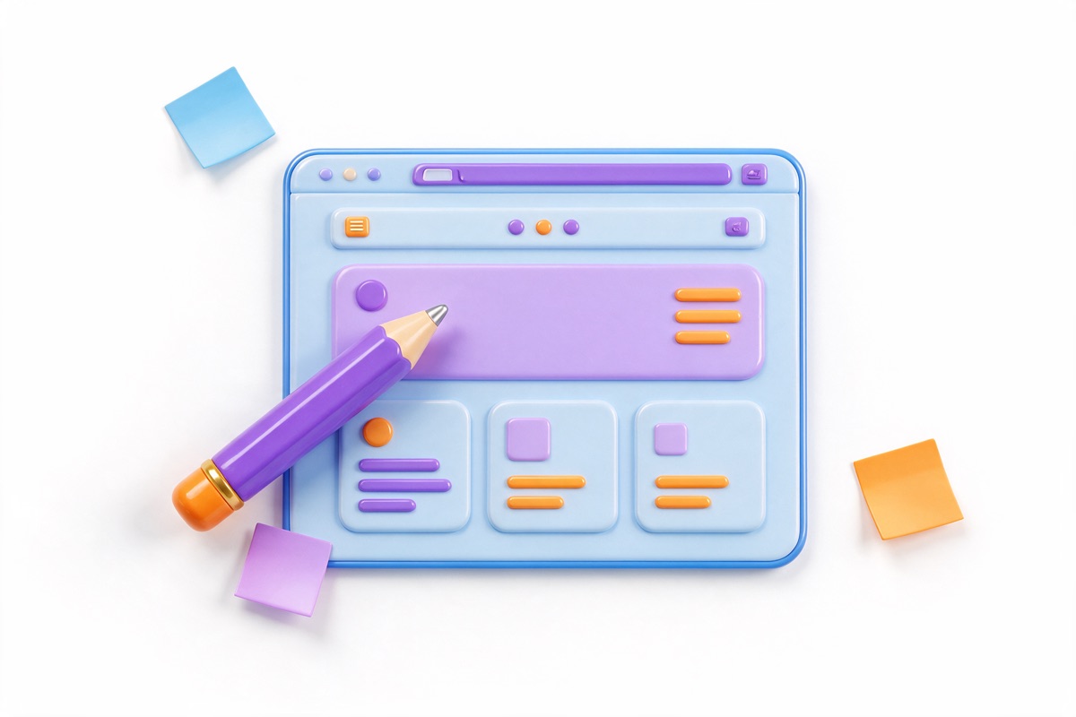 Glossy 3D website page blueprint with a pencil and coloured sticky notes