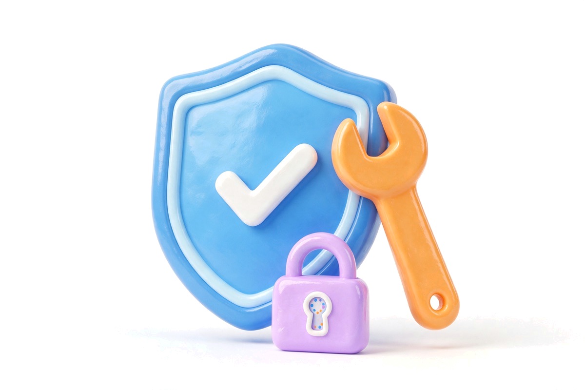 Glossy 3D shield with a tick and a small wrench beside a padlock