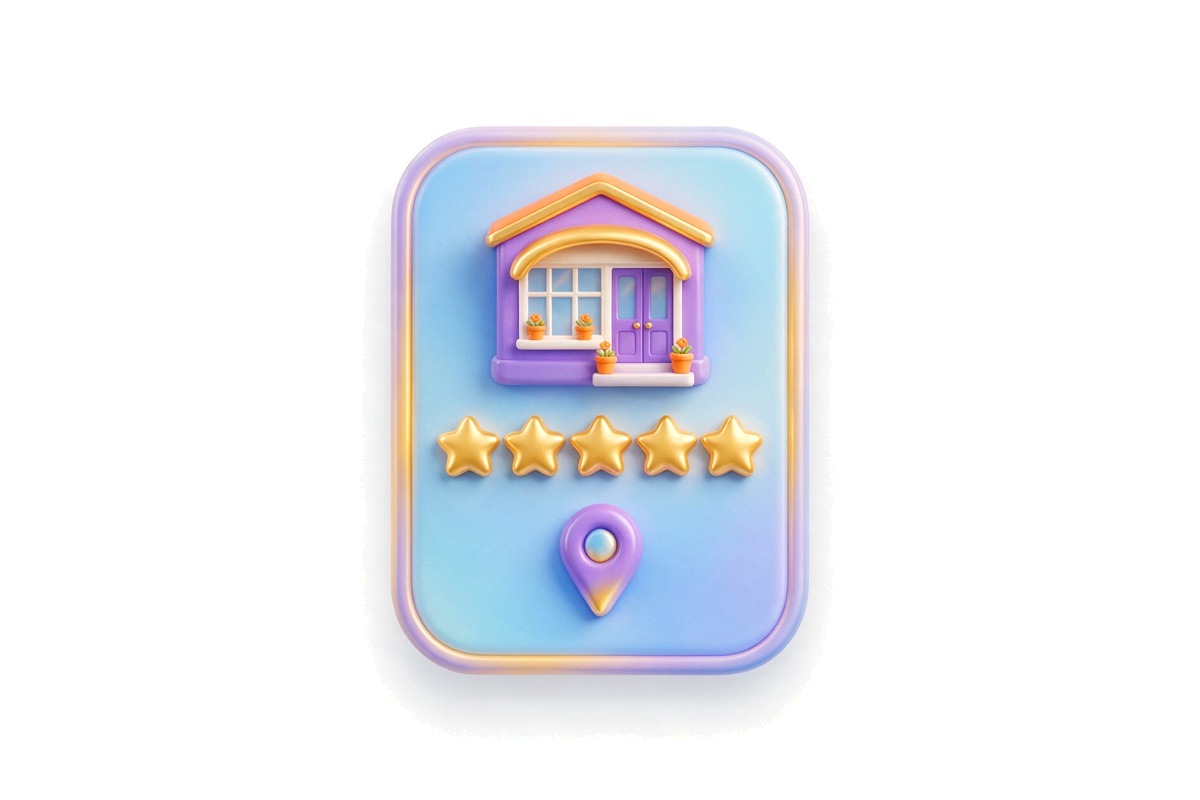 Glossy 3D business profile card with a house, five stars and a location pin