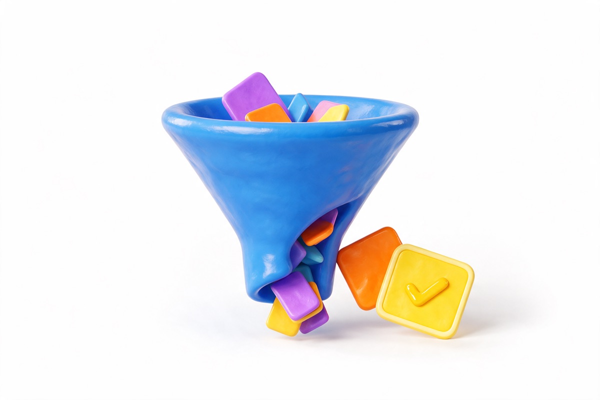 Blue funnel catching cards, with a ticked note and a set-aside thumbs-down card