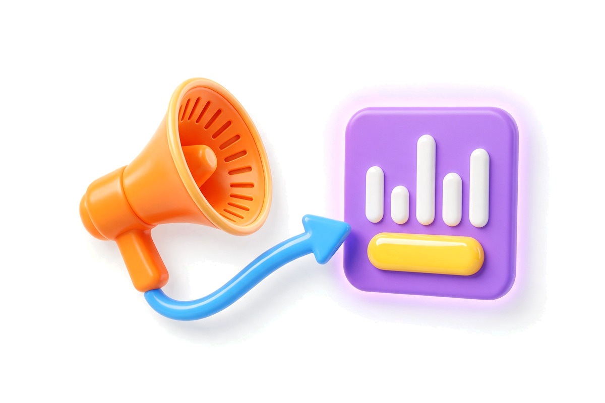 Orange megaphone connected by a blue arrow to a purple landing card