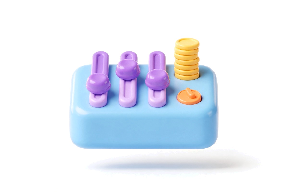 Blue control panel with purple sliders, yellow coins and an orange dial