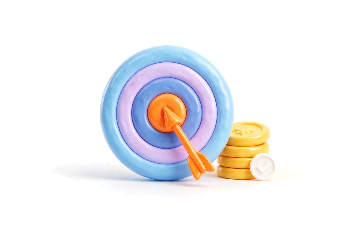 Blue bullseye target with an orange arrow, yellow coins and a tick badge