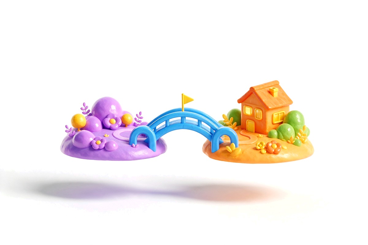 Blue bridge joining a purple photo card to an orange house with a yellow flag