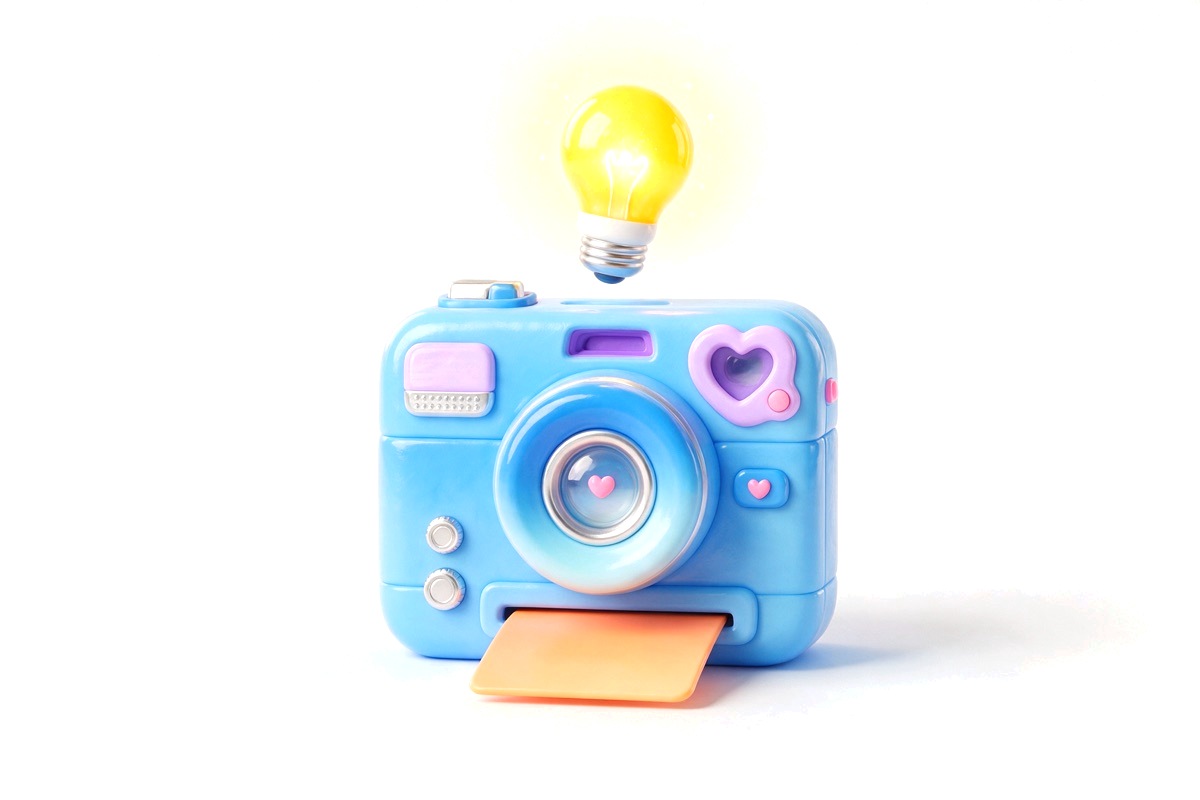 Blue camera with a yellow lightbulb, purple heart and orange photo card
